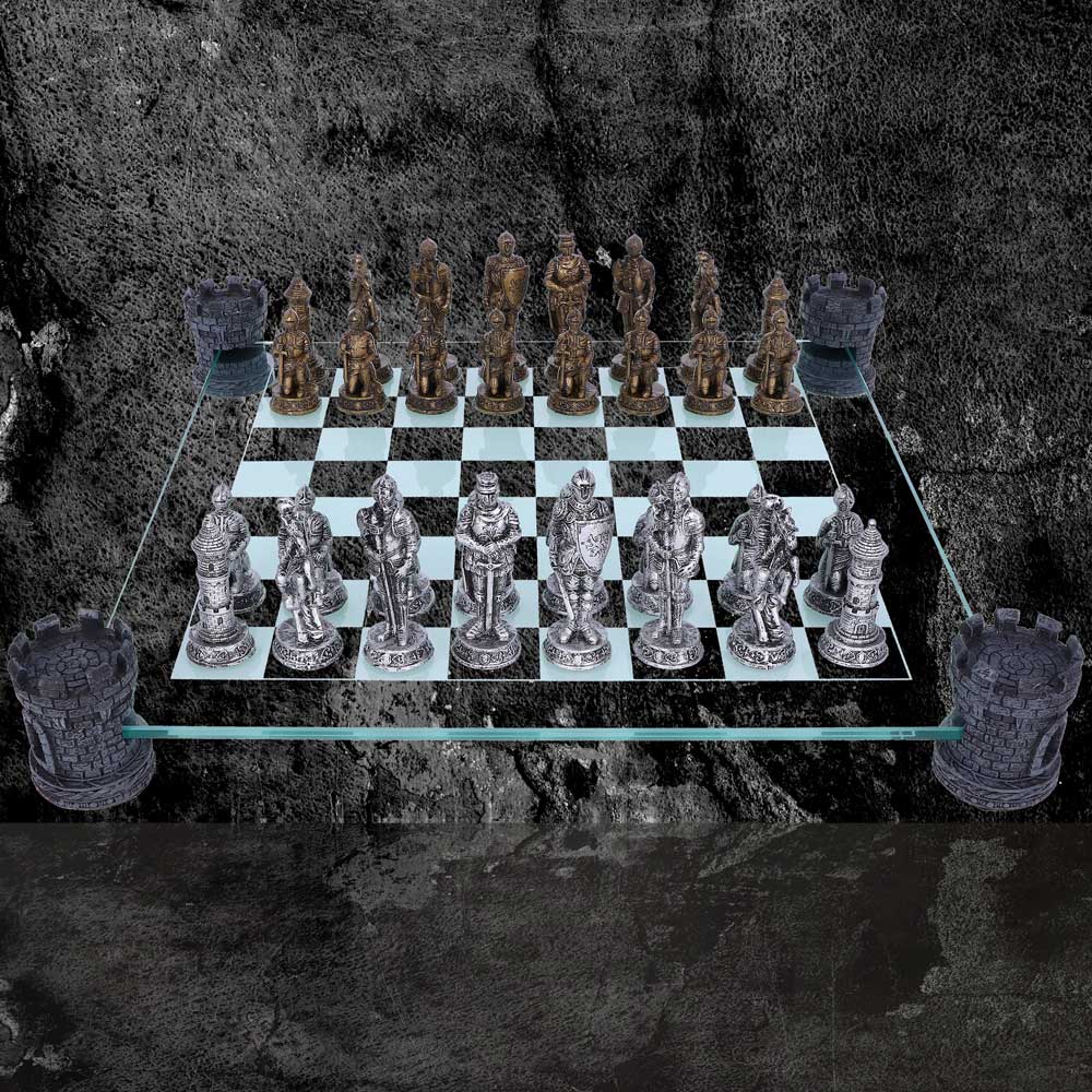 Raised Medieval Knight Chess Set With Corner Towers 43cm