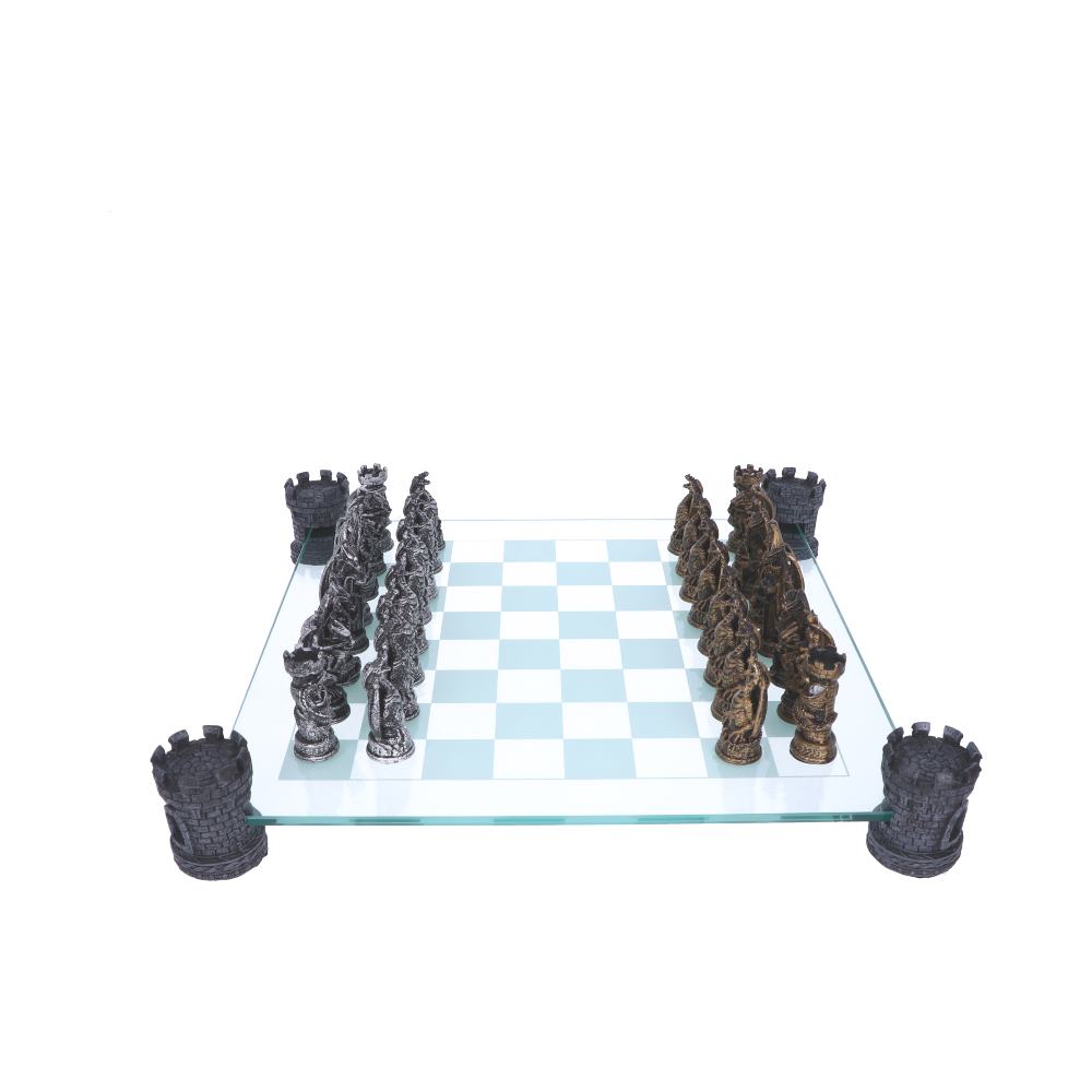 Raised Fantasy Kingdom Of The Dragon Chess Set With Corner Towers 43cm