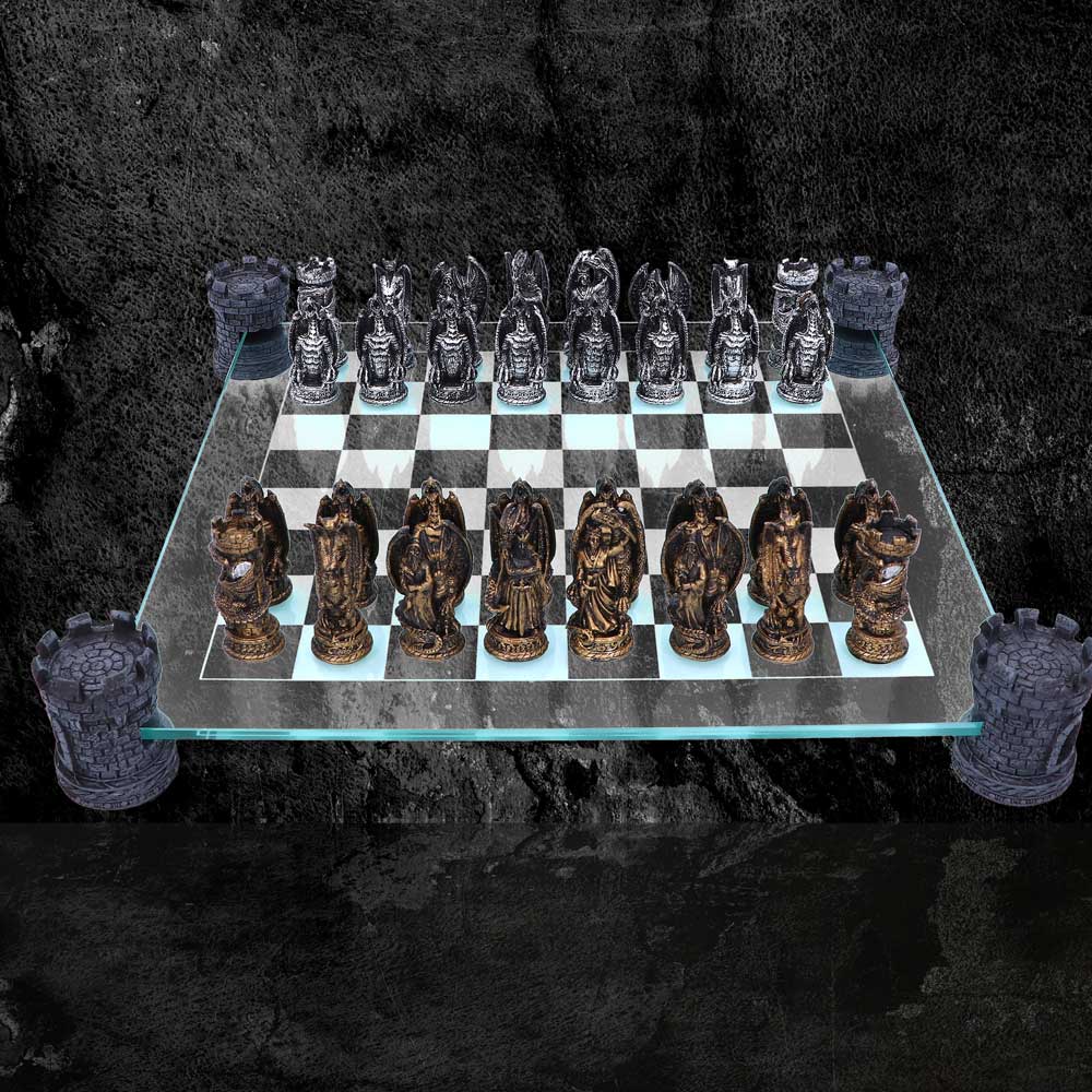 Raised Fantasy Kingdom Of The Dragon Chess Set With Corner Towers 43cm