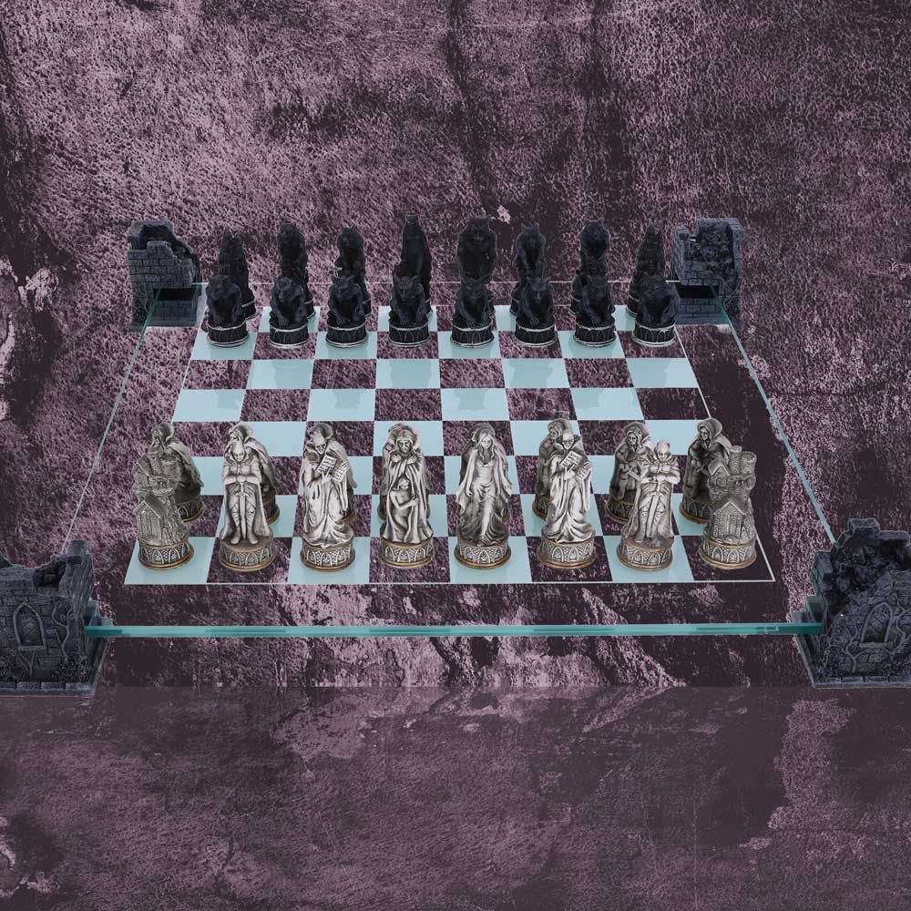 Raised Fantasy Vampire & Werewolf Chess Set With Corner Towers 43cm