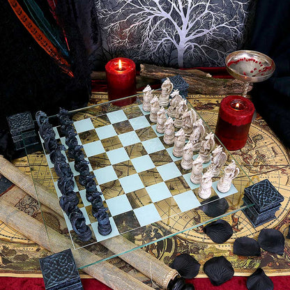 Raised Fantasy Dragon Chess Set With Corner Towers 43cm